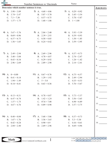 4.nf.7 Worksheets - Number Sentences with Decimals worksheet